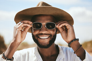 Vision, style or fashion sunglasses for black man with designer, trend or cool optometry eye care....