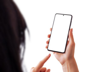 Isolated modern phone mockup in woman hands. PNG transparent