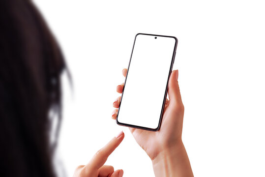 Isolated modern phone mockup in woman hands. PNG transparent