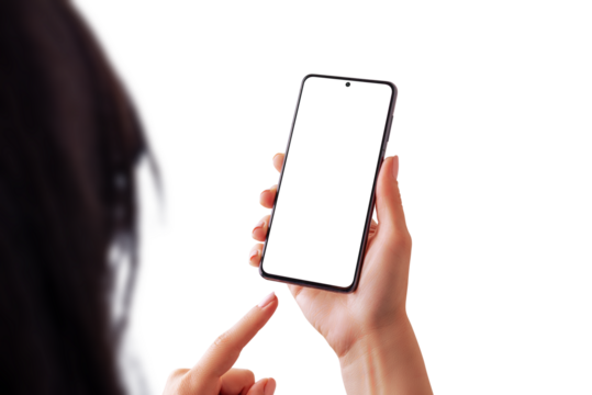 Isolated modern phone mockup in woman hands. PNG transparent