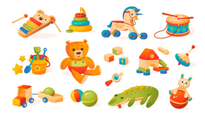 Children's toys collection. Teddy bear, ball, cubes, wooden toys. Cartoon style