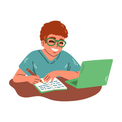 Young man in glasses writing in notebook, studying with laptop. Flat illustration of e learning and tutorial concept.