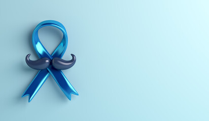 Prostate cancer awareness month with ribbon, mustache on blue background, copy space text, 3d rendering illustration