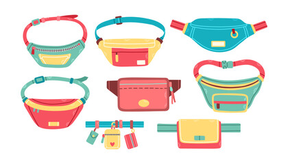 Trendy waist bags set of different shape and color unisex items with zippers isolated vector illustration
