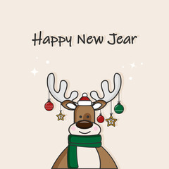 Christmas card, New Year's greetings, New Year's deer in a hat and scarf