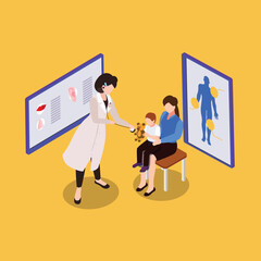 Pediatrician examines sick kid with stethoscope isometric 3d vector illustration concept for banner, website, illustration, landing page, flyer, etc.