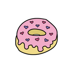 Pink frosted donut with hearts doodle illustration isolated on white background. Yummy sweet donut cartoon style icon decor element. Sweet bakery product, pastry dessert food.
