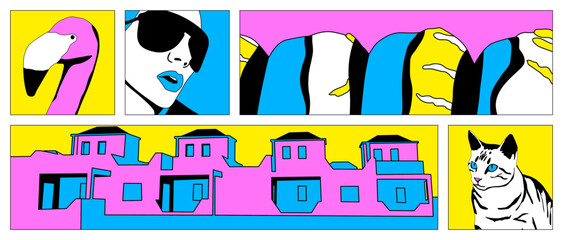 Fashion minimal illustration. Stylish comic collage set. Girl and abstract design art