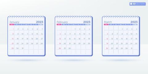 3 months Calendar 2023 templates. Simple monthly vertical calendar corporate design Layout in English. Week starts from Sunday. 3D vector isolated illustration design Cartoon pastel Minimal style.