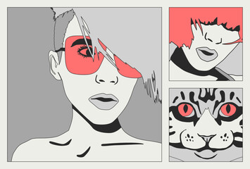 Fashion minimal illustration. Stylish comic collage set. Girl and abstract design art