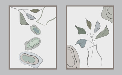 Set of vector posters for interior design. Minimalism. Drawing of leaves, stones, jug. Print, poster, cover.