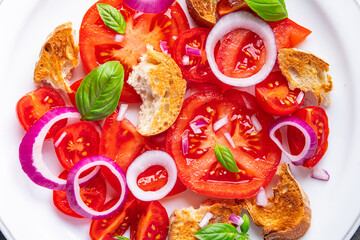 tomato salad panzanella dried bread, onion vegetablehealthy meal food snack diet on the table copy space food background  