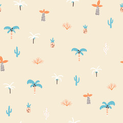 Fototapeta na wymiar Tropical seamless minimalistic pattern with different plants. Cute cartoon characters on a beige background. Hand-drawn illustrations in Scandinavian style. Ideal for baby test, clothing, wallpaper.