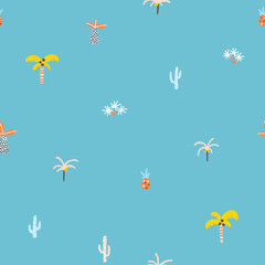 Fototapeta na wymiar Tropical seamless minimalistic pattern with different plants. Cute cartoon characters on a blue background. Hand-drawn illustrations in Scandinavian style. Ideal for baby test, clothing, wallpaper.