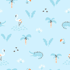 Tropical jungle seamless pattern. Cute wild animals in a simple hand-drawn Scandinavian doodle style. Nursery pastel palette is ideal for printing baby clothes, fabrics. Vector cartoon background. © Svitlana Kharchuk
