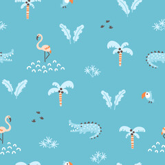 Fototapeta na wymiar Tropical jungle seamless pattern. Cute wild animals in a simple hand-drawn Scandinavian doodle style. Nursery pastel palette is ideal for printing baby clothes, fabrics. Vector cartoon background.