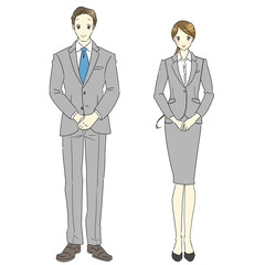 笑顔でお客様に挨拶するビジネスパーソン　男女セット