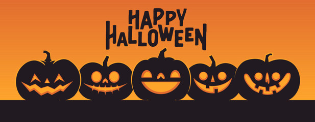 Halloween banner horizontal design with Jack o Lantern carved pumpkins. Simple cartoon spooky design. Trick or treat.