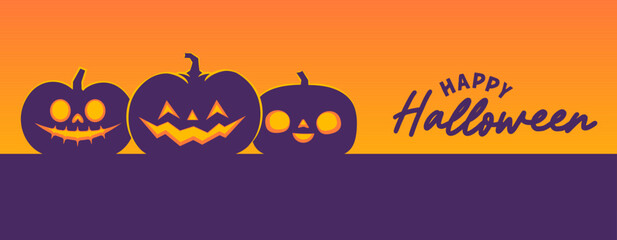 Halloween banner horizontal design with Jack o Lantern carved pumpkins. Simple cartoon spooky design. Trick or treat.