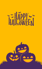 Halloween vertical banner with copy space. Carved Pumpkins Jack O Lantern design. Cute spooky design with fun elements.