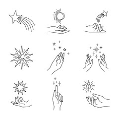 Fototapeta na wymiar Aesthetic hands and cosmic and celestial elements. Universal cosmos related icons. Linear vector illustrations. Magic and Witchcraft symbology.