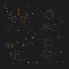 Astrology and esoteric elements, human hands with stars in boho style. Spirituality and magic symbols.