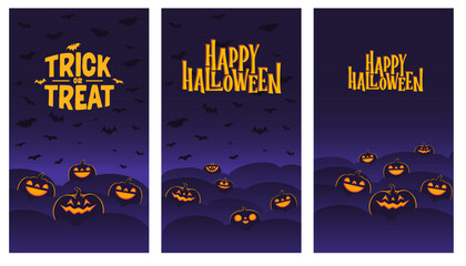 Happy Halloween banners. Vertical design for social media posts. Carved shinning pumpkins. Trick or treat.