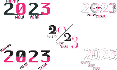 2023 Happy New Year logo text design. 2023 number design template merry christmas . Vector illustration with black labels isolated on purple background.