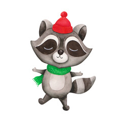 Cute raccoon watercolor painting winter illustration. Hand drawn cartoon raccoon wearing funny hat and scarf. Christmas watercolor animal for fall or winter print, design, decoration.
