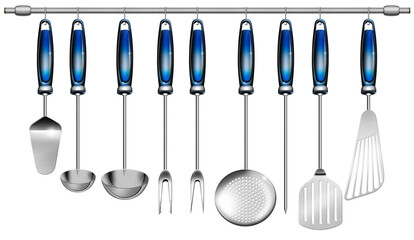 3D illustration of a set of nine kitchen utensils hanging on a pole (stainless steel and blue...