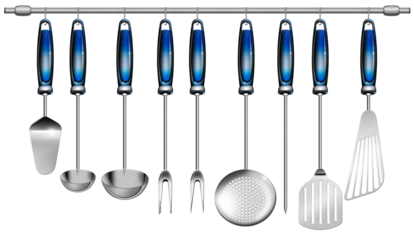 3D illustration of a set of nine kitchen utensils hanging on a pole (stainless steel and blue plastic handle), isolated on white or transparent background. Digitally generated image, png.