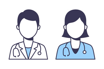 A set of icons of the doctor. A man and a woman doctor in uniform.