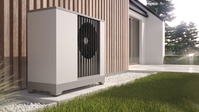 Air heat pump beside house, 3D illustration