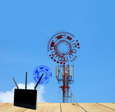 Communication or Telecommunication Towers and Satellite Signal Transmitters and simple internet wifi router with antennas. Television and Radio Waves Broadcasting concept.