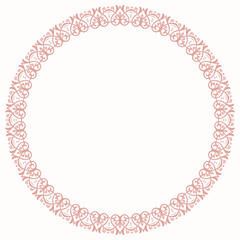 Oriental vector round frame with arabesques and floral elements. Floral pink and white round border with vintage pattern. Greeting card with circle and place for text