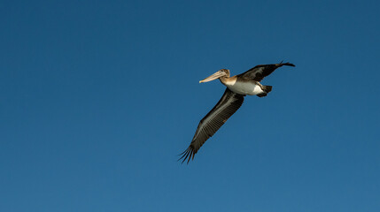 Fototapeta na wymiar Large Pelican Glides Across Blue Sky