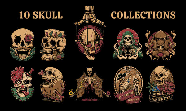 set of skulls design collection, dark art or grim in retro vintage style. fit for badge, sticker, tshirt, and merchandise. vector illustration