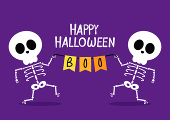 Happy Halloween banner. Halloween skeleton cartoon vector. Cute skeleton holding bunting flag Boo. Happy Halloween. Skeleton cartoon character.