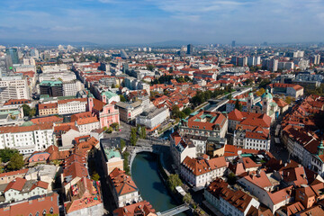 Naklejka na ściany i meble Aerial view of Ljubljana, capital of Slovenia from drone