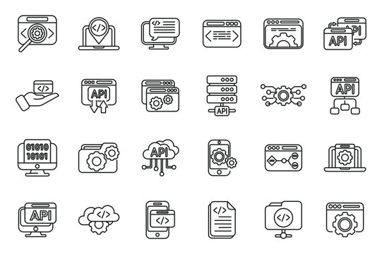 API icons set outline vector. Code develop. Computer software