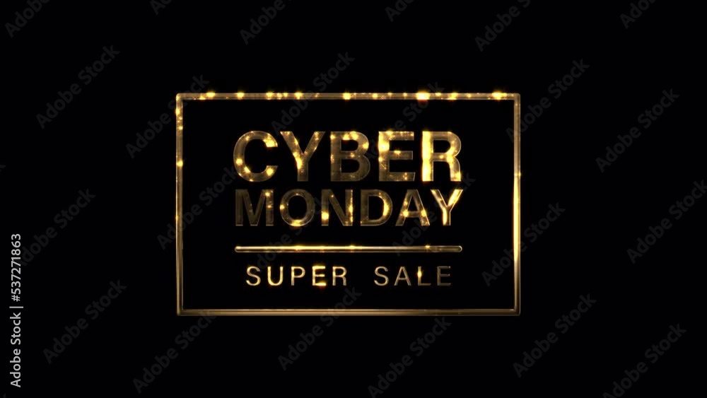 Poster cyber monday super sale cinematic trailer title golden glittering text in frame with black backgroun