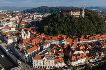 Fototapeta na wymiar Aerial view of Ljubljana, capital of Slovenia from drone