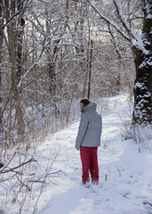 a man walks in the woods in snowy winter weather