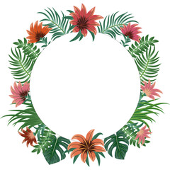 Fototapeta na wymiar Tropical frame of exotic flowers and palm leaves with copy space for text. For party invitations, wedding cards and sale posters. Template design.