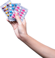Hand holding pack of antibiotic capsule pills isolated on transparent background. Giving or receiving drug. Antibiotic drugs. Antimicrobial drug resistance. Pharmaceutical product. Prescription drugs.