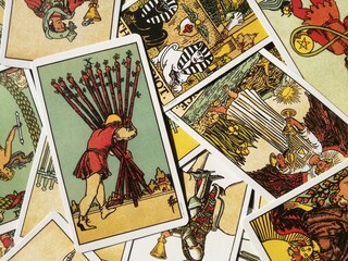 Cork, Ireland - 19 September 2022: Picture of the Ten of Wands tarot card from the original Rider...