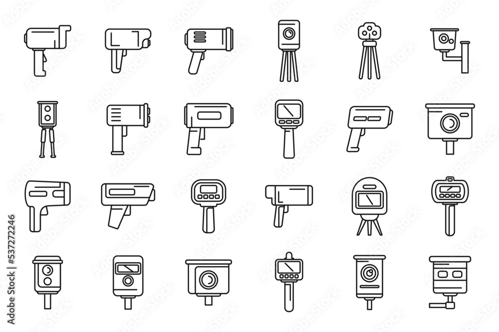 Poster speed radar icons set outline vector. alert camera. digital device