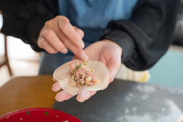 家事・料理　餃子を手作りするイメージ素材