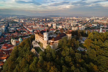 Fototapeta premium Aerial view of Ljubljana, capital of Slovenia from drone