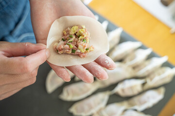 家事・料理　餃子を手作りするイメージ素材